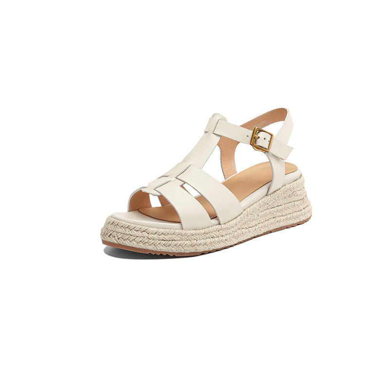 Straw leather summer casual sandals wedge heel platform open toe