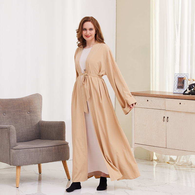 plus-size Clothing Middle East Dubai Arab Women's Solid Color Tie-up Cardigan Robe_voghion.com