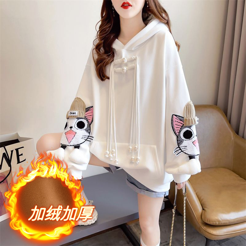 fleece-lined Thickened Sweatshirt Women's Autumn and Winter Korean-style Cute Small Loose plus size Design Niche All-match Jacket