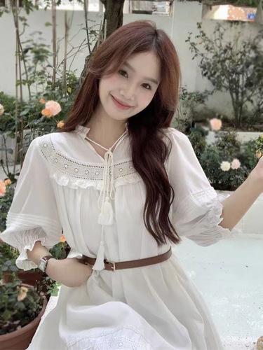 French-style vacation dress, summer Korean-style, artistic, gentle temperament, waist-cinching, slimming long dress, fairy-like