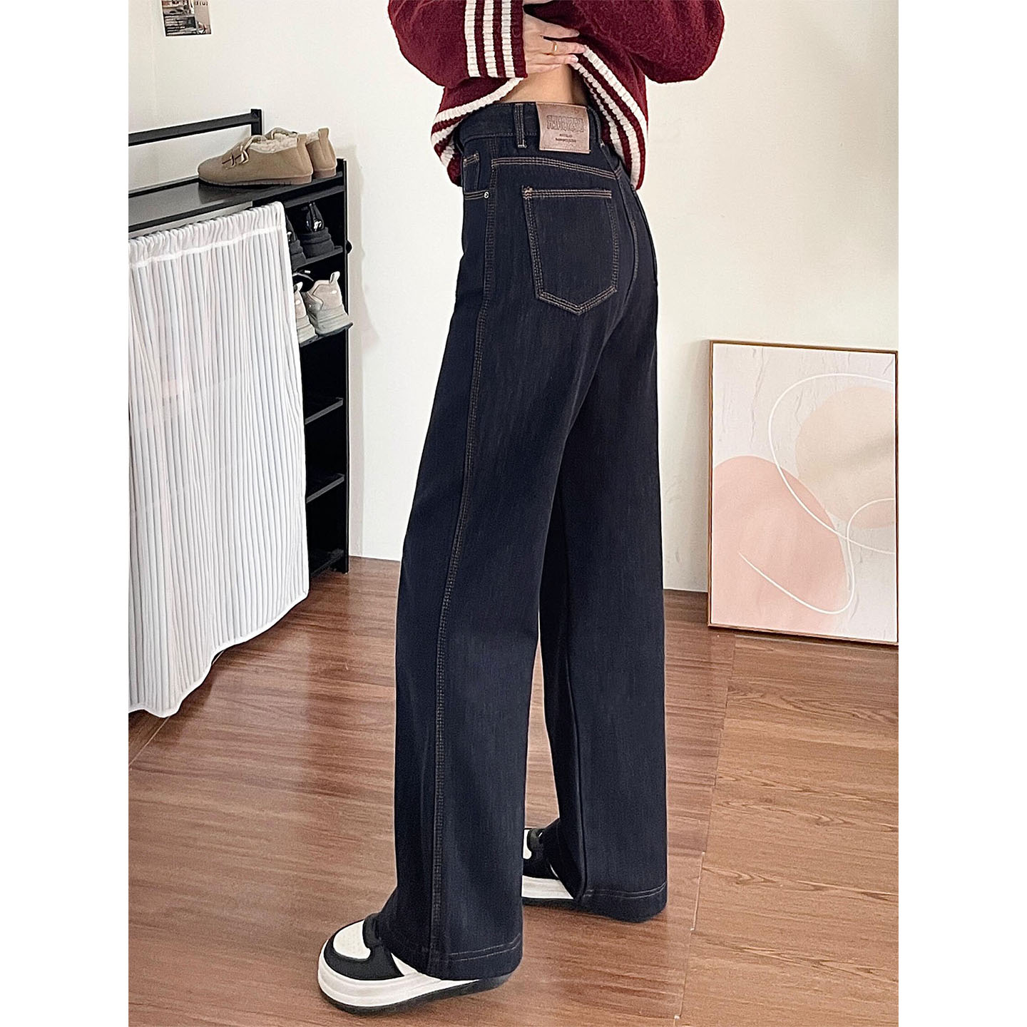 Denim azul de lana de invierno de mujer nuevo peso mm figura de pera de cintura alta delgada pantalones de piernas anchas