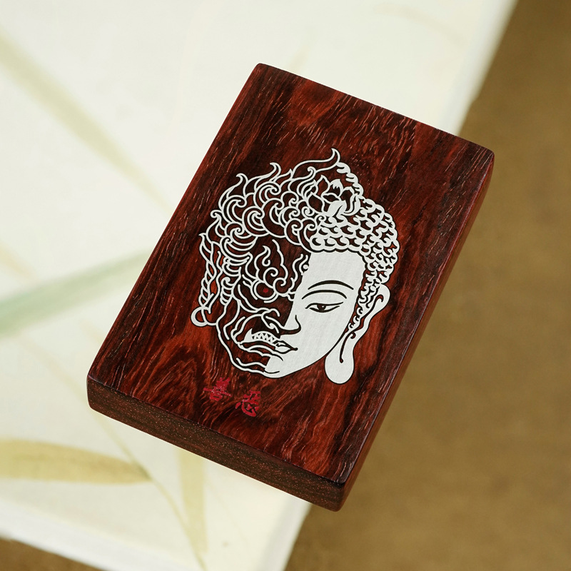 小叶紫檀木镶银善恶挂饰挂件镶嵌朱砂国风佛家吊坠饰品无事牌定制