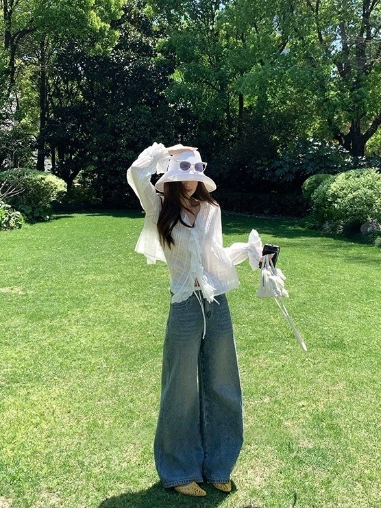 セナホリデー*女性用フリル刺繍シャツ、夏用薄手日焼け止めエアコンシャツ、日焼け止め用ショートホワイトシャツ|undefined