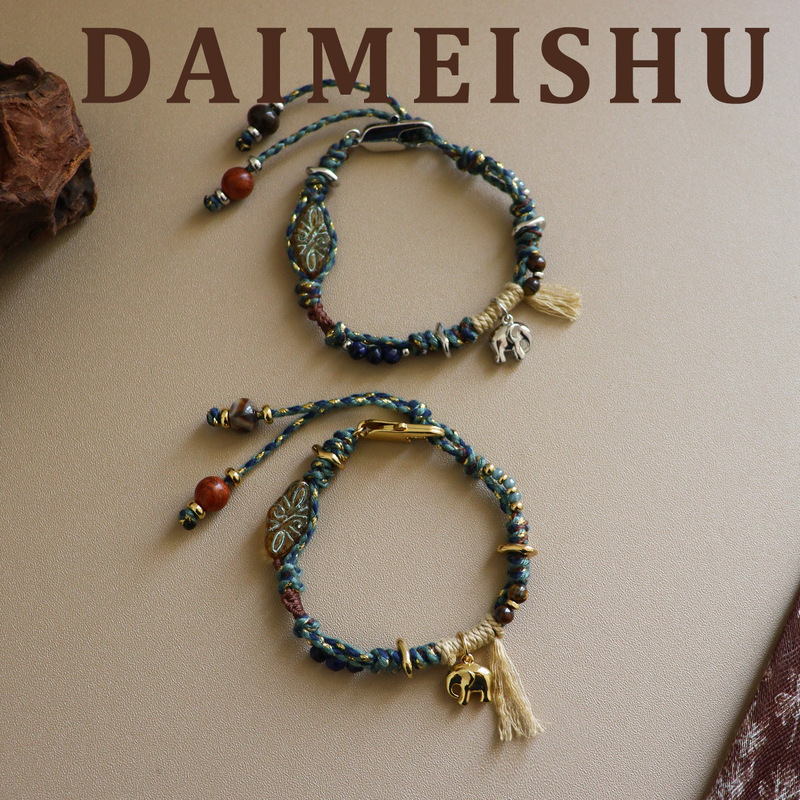 New Fashionable Ethnic Style Exquisite Baby Elephant Natural Stone Braided Rope Bracelet for Women, Light Luxury Niche High-End Versatile Jewelry