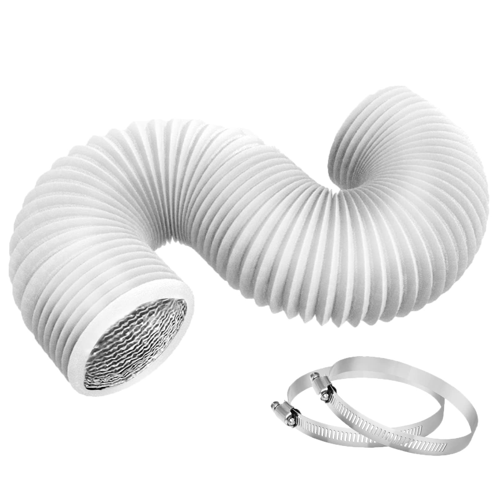 干燥通风软管柔性绝缘空气管道,通风软管 PVC 铝箔带2个夹具白色