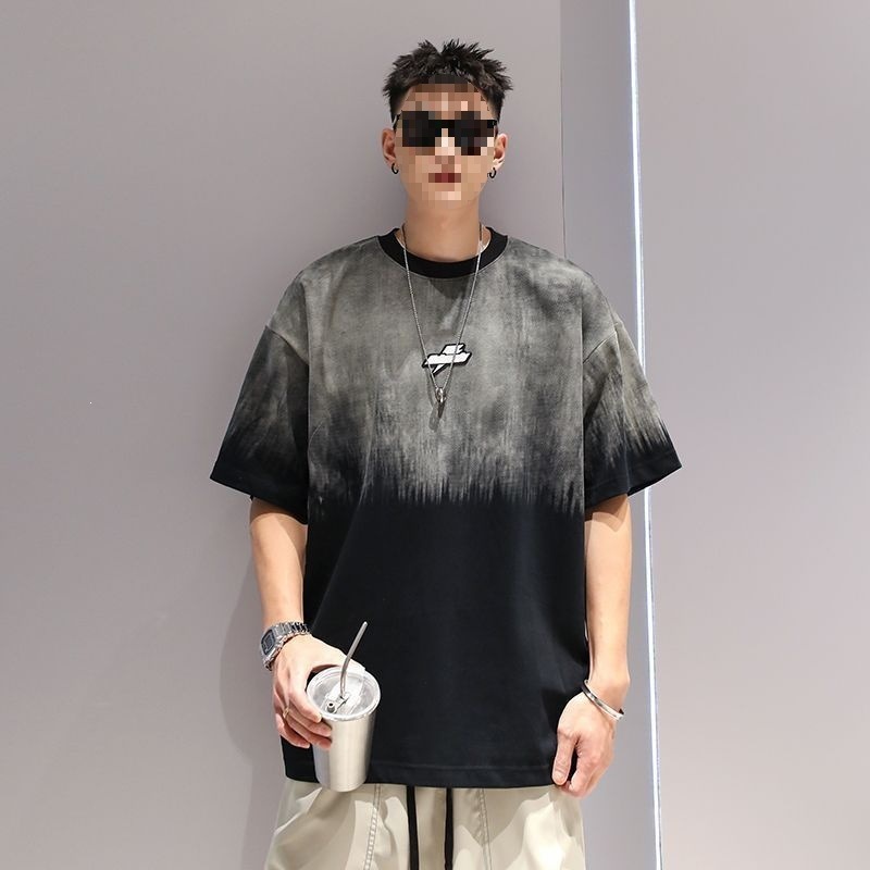 Áo thun nam tay ngắn cổ tròn phong cách hip hop vintage, chất liệu cotton thoáng mát, form rộng thoải mái — Xám đen, Xanh da trờicolor
