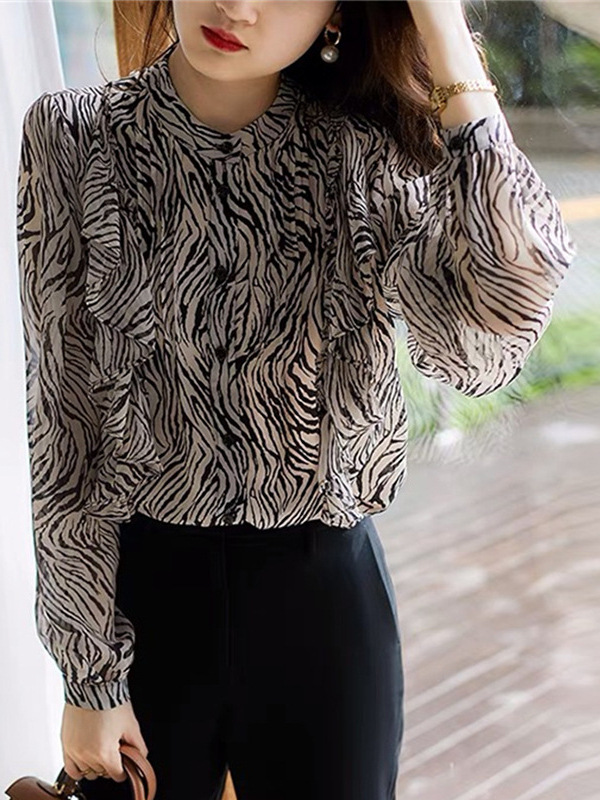 Áo sơ mi voan xếp ly in họa tiết ngựa vằn phong cách trưởng thành mùa thu — đen