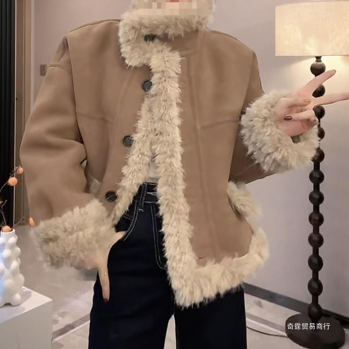 수직 칼라 단일 브레스트 단색 모피 원피스 두껍게 긴 소매 코트 탑 쌀 화이트 다크 브라운 다른 하이 퀄리티