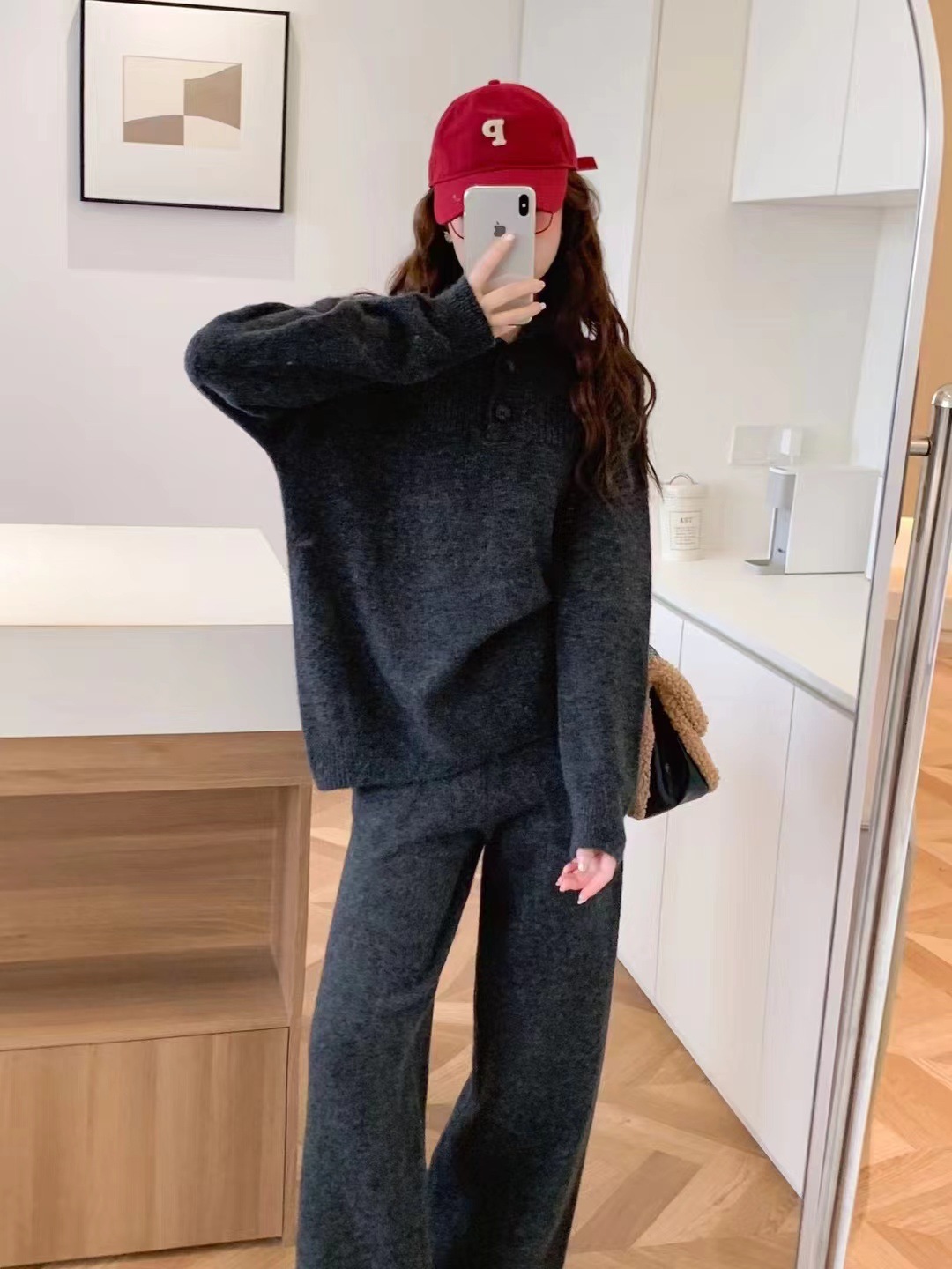 Herbst und Winter neuer Anzug lässiger Pullover Polokragen Strickpullover weite Beinhose zweiteiliges Set für Damen_voghion.com