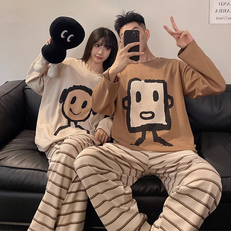 Couple Pajamas for Women in Spring and Autum, Long-Sleeved Pants That Can Be Worn Outside, Boys' Round Neck Pullover, Summer Home Clothes, Cartoon Suit