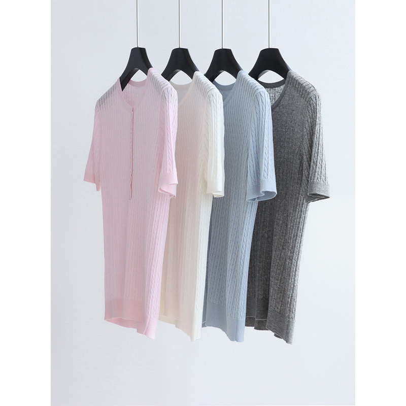 Acetate Wool Half-Button Short-Sleeve Knit Sweater, Vintage Cable-Knit Round-Neck Pullover, Artistic Simple T-Shirt, Lightweight Style