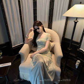 Iris Lumina书杳 瓷美人 清冷气质连衣裙春夏烧花烫金短袖拼接裙