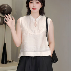 新しい中国風のシャツ女性のための 2025 新しい夏の女性の中空ショートノースリーブトップベストシャツ