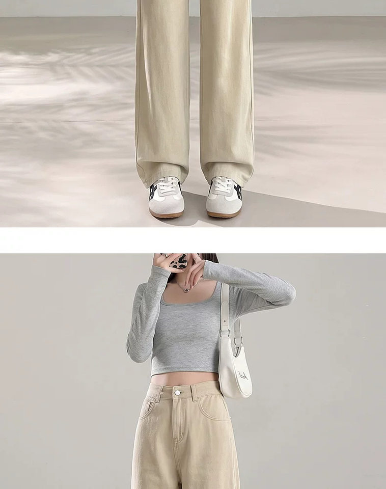 Quần jean nữ ống đứng cạp cao màu kaki dáng suông tôn dáng — Màu kaki [Kiểu dáng thông thường], Màu kaki [dáng dài], Màu kaki [dáng lửng] chi tiết 13