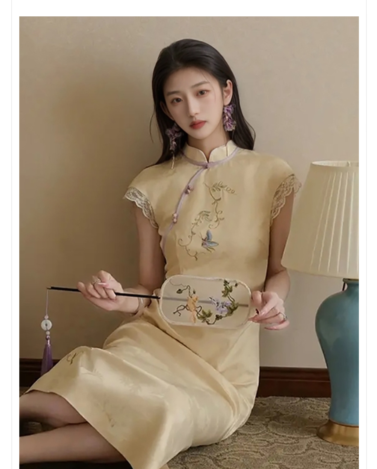 Váy sườn xám thêu cải tiến cao cấp cổ đứng tay bồng phong cách dân tộc mùa hè — Màu trắng, Màu mơ chi tiết 2