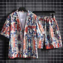 夏季冰丝套装男女速干短袖花衬衫沙滩情侣夏威夷衬衫两件套五分裤