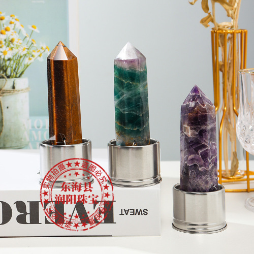 Natural crystal raw stone polished six-sided single-pointed standard column energy cup water bottle accessories replaceable bottom mesh crystal column