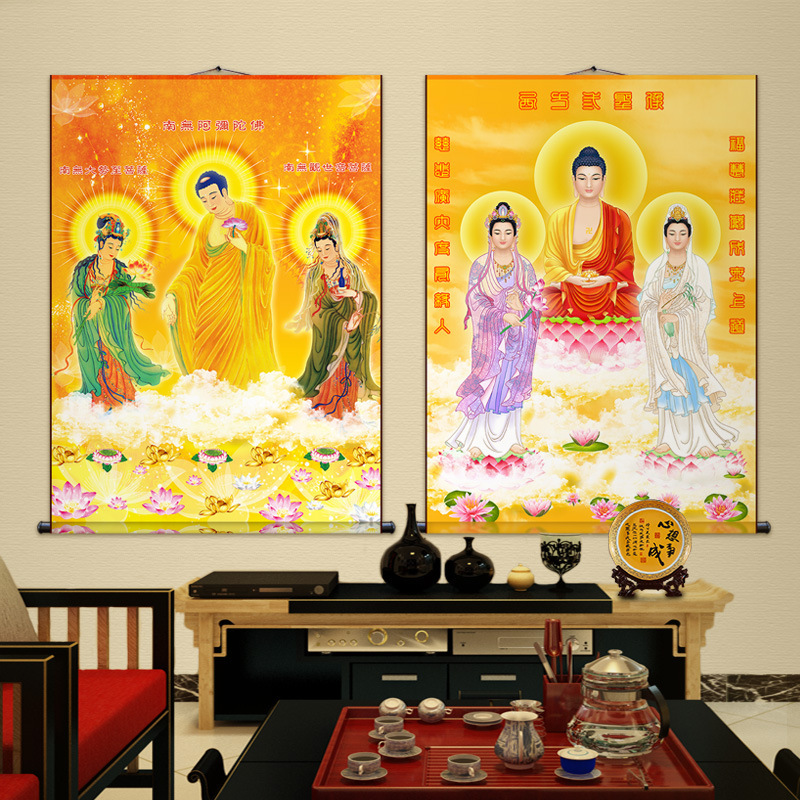 Western Three Holy Buddha Hanging Painting Amitabha Buddha Guanyin Three Holy Portrait Vertical Shaft Home Silk Scroll Picture Western Three Holy Buddha Hanging Painting Amitabha Buddha Guanyin Three Holy Portrait Vertical Shaft Home Silk Scroll Picture