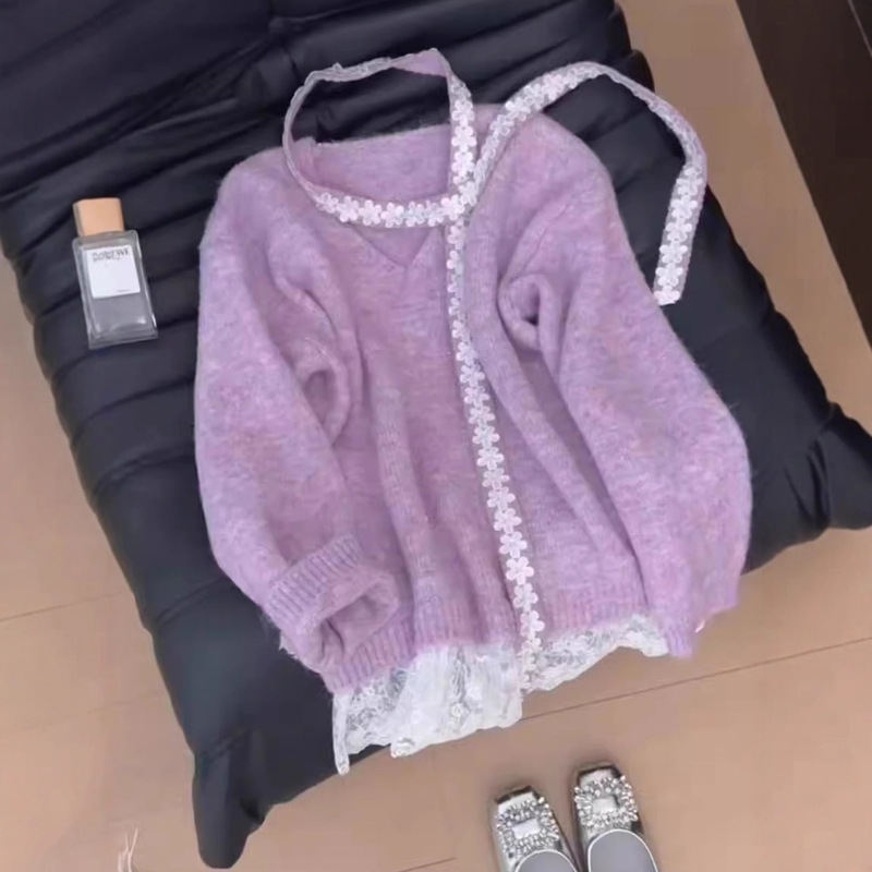 French Purple Lace Ribbon V-Neck Knitwear for Women in Spring and Autum, Unique and Super Nice Top Trendy Knitwear