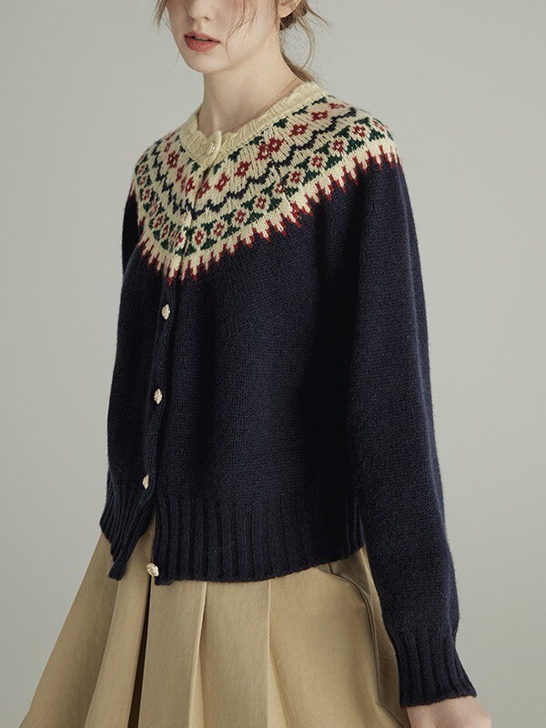 [Norway mood] wool round neck long sleeve single-breasted knitted cardigan women's French design top