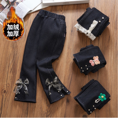 2022 winter new stretch medium and large children's all-in-one velvet girls' denim flared pants for outer wear children's warm cotton pants trendy