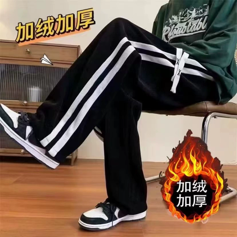 Зимние вельветовые брюки мужские американские брюки свободные на флисовой подкладке толстые свободные повседневные Прямые парные широкие брюки в полоску