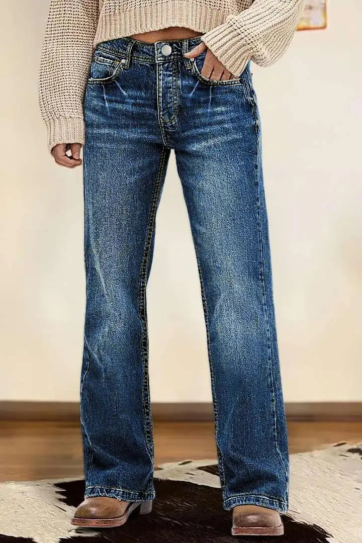 Jeans de Pierna Ancha para Mujer de Mezclilla de Algodón, Tiro Alto, Corte Relajado, Microelástico, para Uso Diario image 7