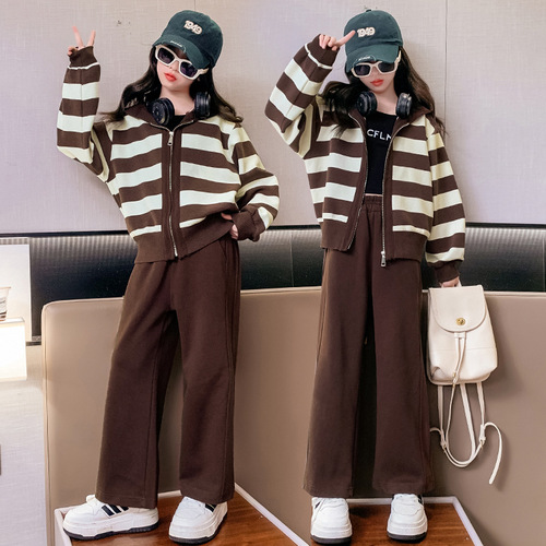 Girls' Spring and Autumn Set  New Style Medium and Large Children's Striped Hooded Sweatshirt Top and Wide-Leg Pants Two-Piece Set