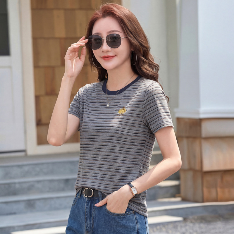 558 Summer New Striped Pumpkin Embroidery Short-Sleeve T-Shirt for Women, Round Neck Slim-Fit Base Shirt, Factory Direct Wholesale
