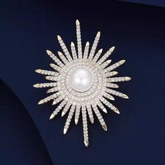 New stylish and elegant brooch for women—high-end, lightly luxurious, full of sparkling diamonds, featuring a sunflower design with delicate pearls—perfect as an accessory for business attire.