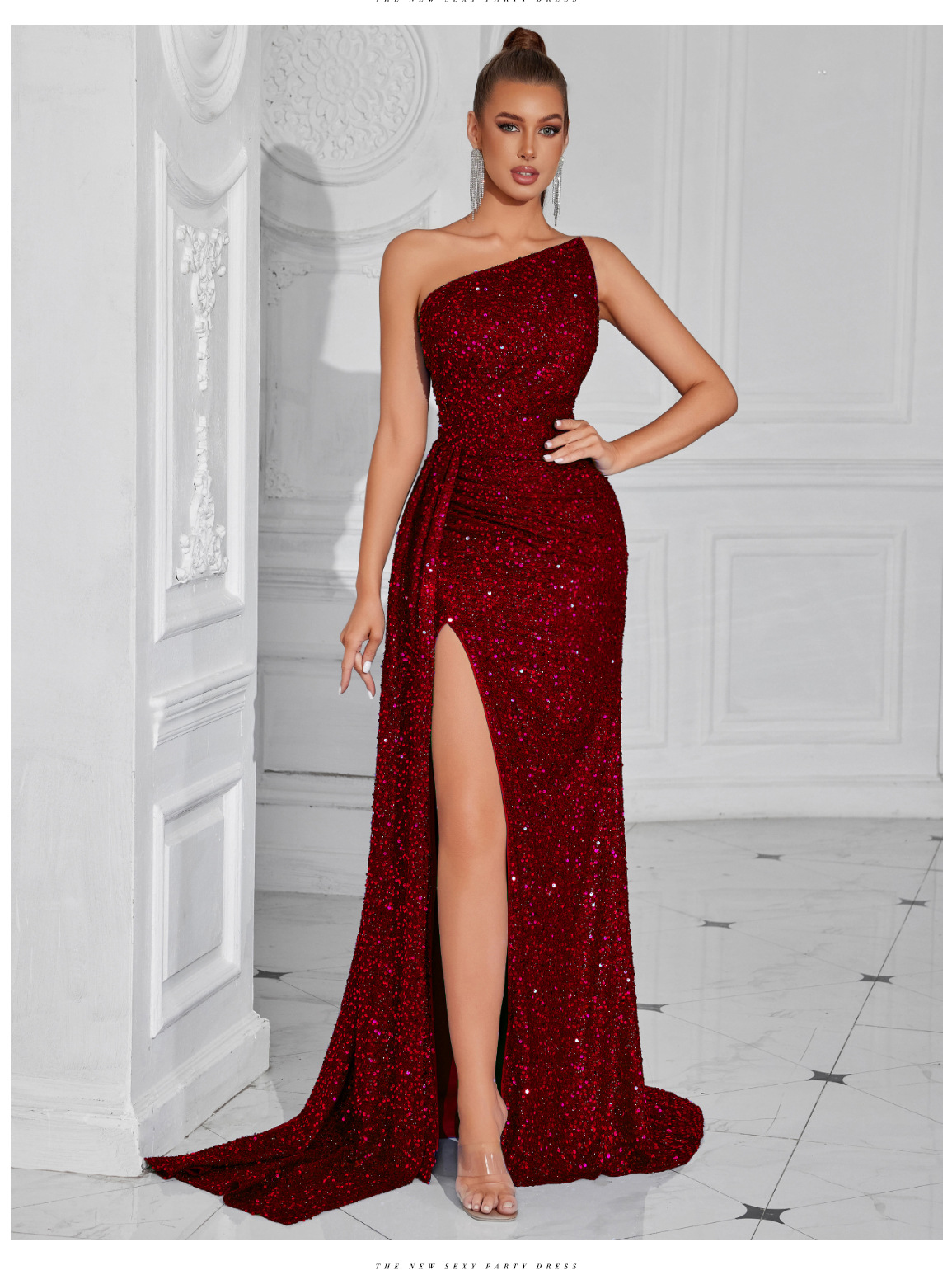 Nuevo vestido de lentejuelas sin mangas europeo y americano de alta apertura vestido de noche de fiesta sexy de alta gama con caída al suelo