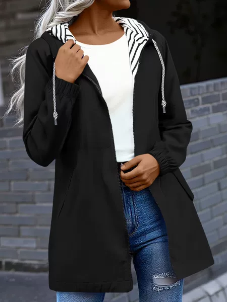 2025 European and American New Style Long-Sleeve Water-Repellent Mid-Length Trench Coat for Women with Hood, Cross-Border Plus-Size Women's Clothing with Striped Lining