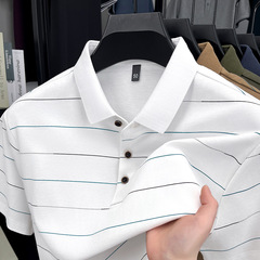 ストライプ夏半袖メンズ感ポロシャツ男tシャツビジネスアイスコットンポロシャツ刺繍メンズファッション