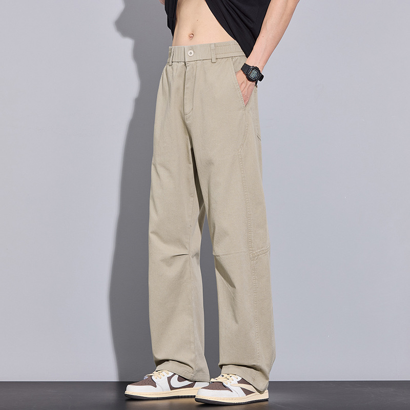 Summer Men's Cargo Pants Thin Straight Casual Pants Elastic Waist Breathable Cool Drape Wide-Leg Pure Cotton Scimitar Pants