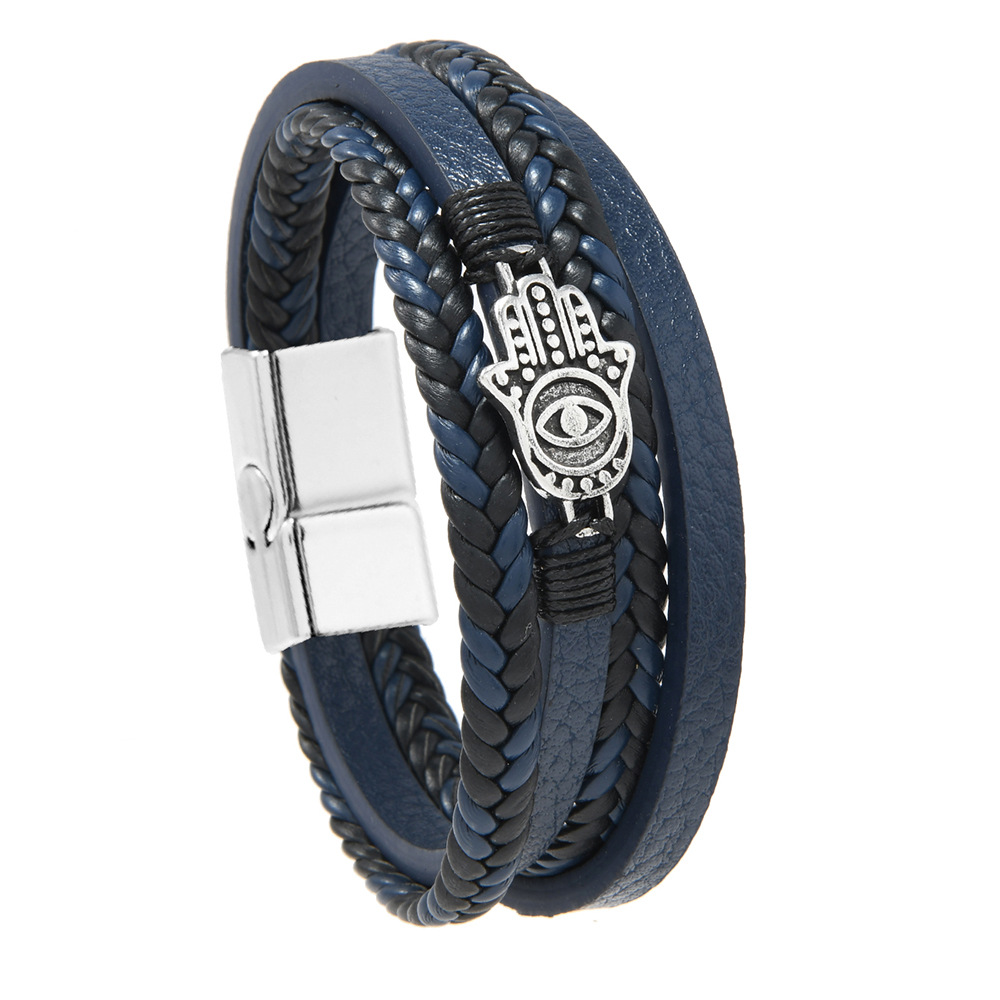 Men's Woven Leather Blue Turkish Bracelet Evil Horus Eye_voghion.com
