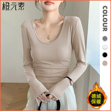 2025新款打底衫女装秋冬德绒内搭t桖长袖收腰修身遮肉褶皱上衣