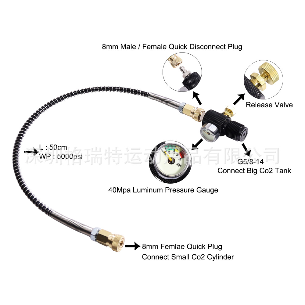 G5/8潜水瓶头大转小充气阀DIN接头40Mpa夜光表50cm高压管带快接头