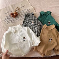 Children's Shirt 2023 Spring and Autumn New Boys and Girls Korean Style Bear Embroidery Long Sleeve Plaid Collar Shirt Trend 0006