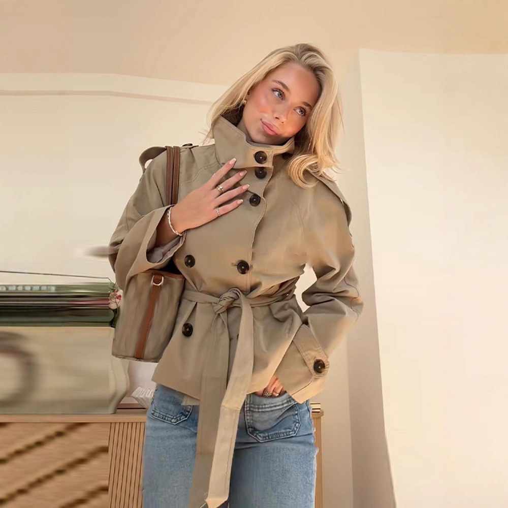 European and American Cross-Border Autumn and Winter New Women's Clothing Amazon Elegant Commuter Stand Collar Double-Breasted Waist Lace-Up Windbreaker Jacket