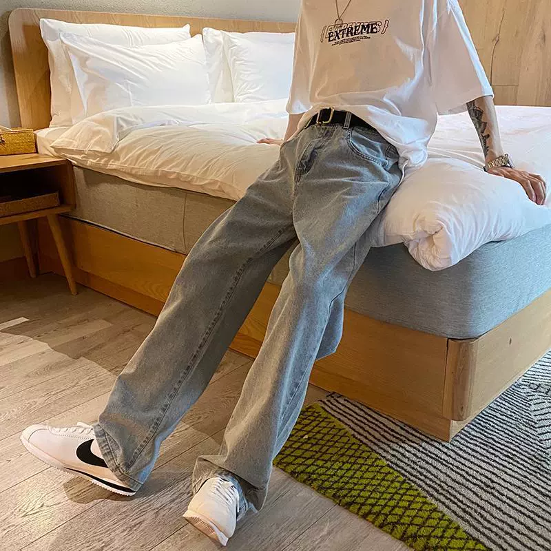 Широкие джинсы светлого цвета, мужские прямые свободные облегающие модные Универсальные мужские и женские длинные брюки от Интернет-знаменитостей в Корейском стиле