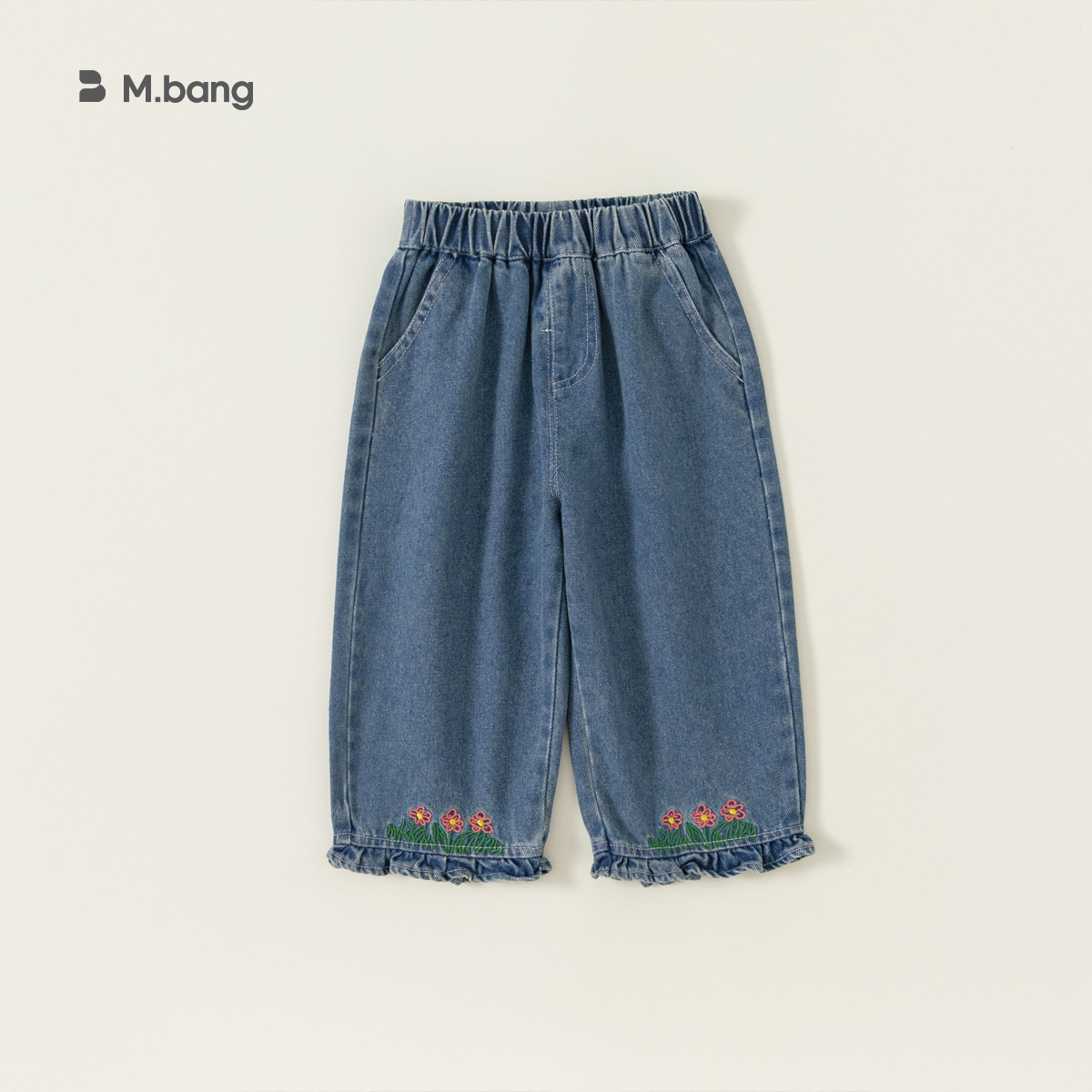 Band selected girl's denim embroidery lace children's pants trendy casual wide-leg jeans QK23002