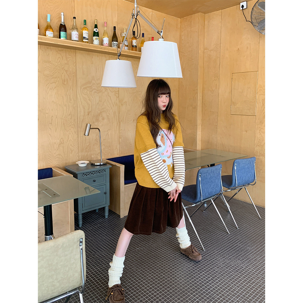 小狗提花假两件拼接毛衣女春秋韩系松弛感小个子针织衫