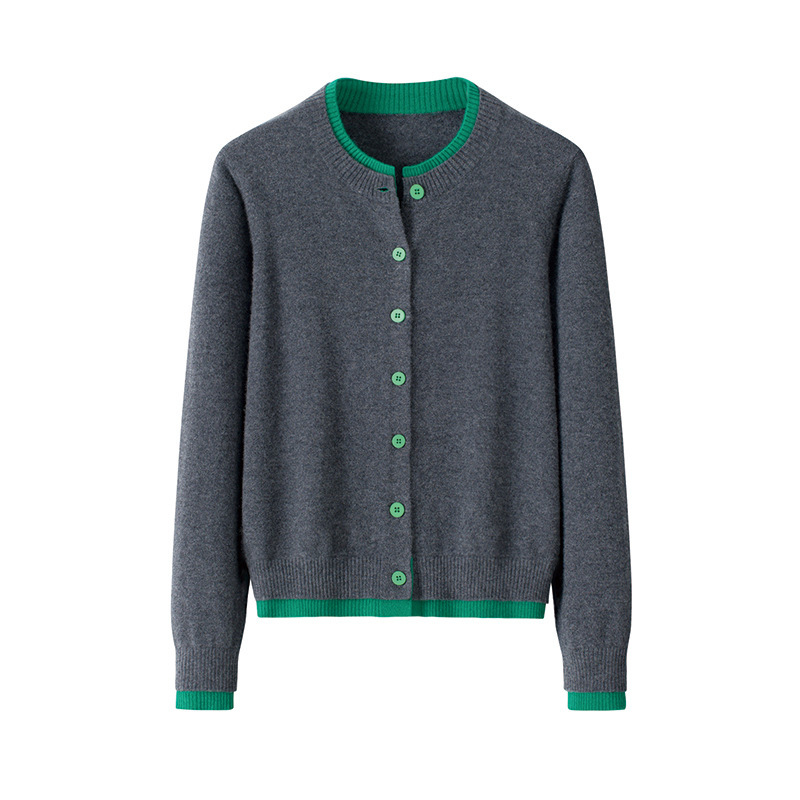 New 12-Gauge Plain Short Round Neck Color-Blocked Sweater for Women, Pure Cashmere, Fashionable Right Shoulder Versatile Knitted Cardigan