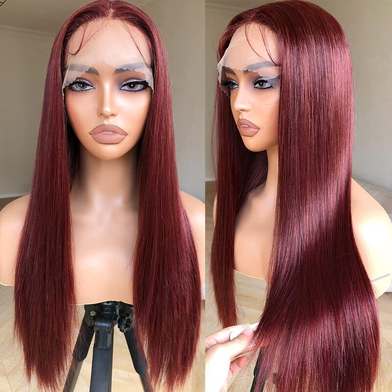 Hand-Woven Burgundy Long Straight Hair African Wig 13*4 Front Lace Wig with Middle Parting Synthetic Fiber