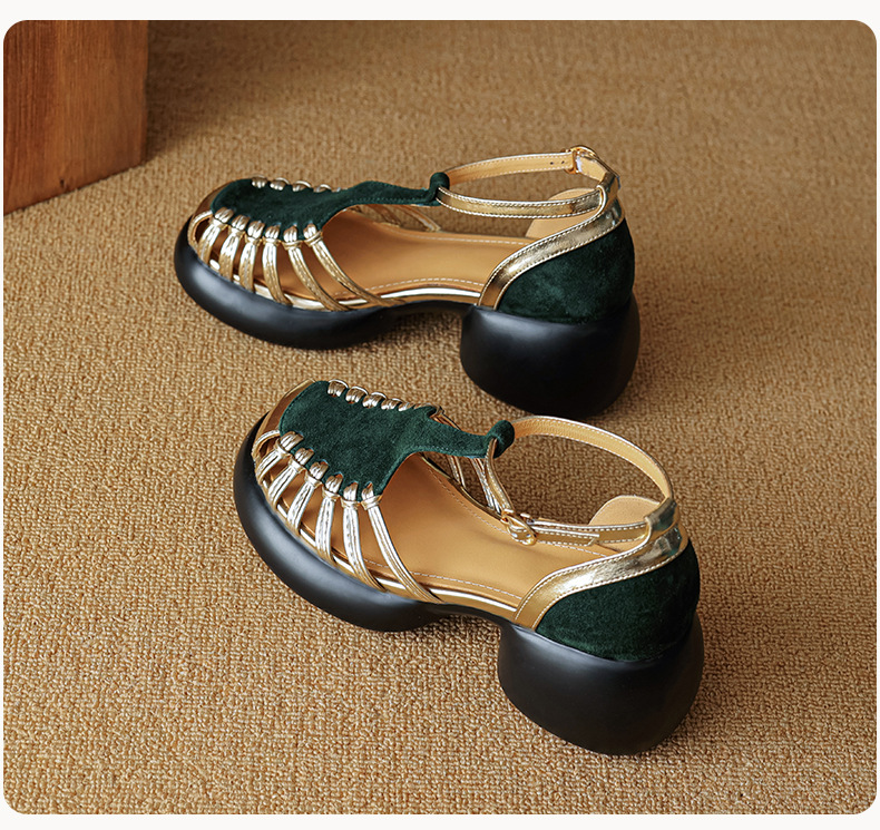 Sandal nữ quai ngang dệt mảnh da lộn, gót vuông ổn định, đế dày ghép màu — Màu đen chi tiết 21