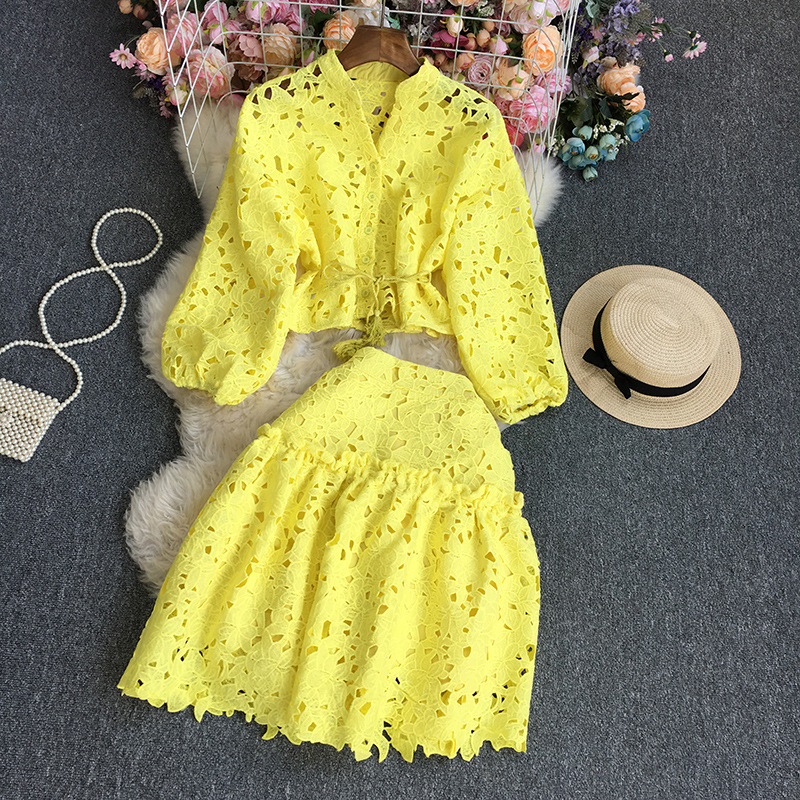 Damenbekleidung einfarbige Spitze Langarm + Rock Anzug_voghion.com