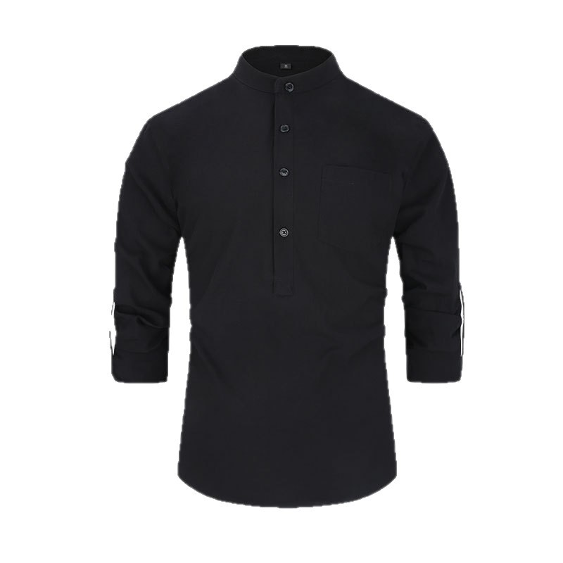 Amazon tamaño europeo camisa de los hombres algodón Henley camisa soporte collar camisa Lino los hombres manga larga fábrica directa en stock camisa