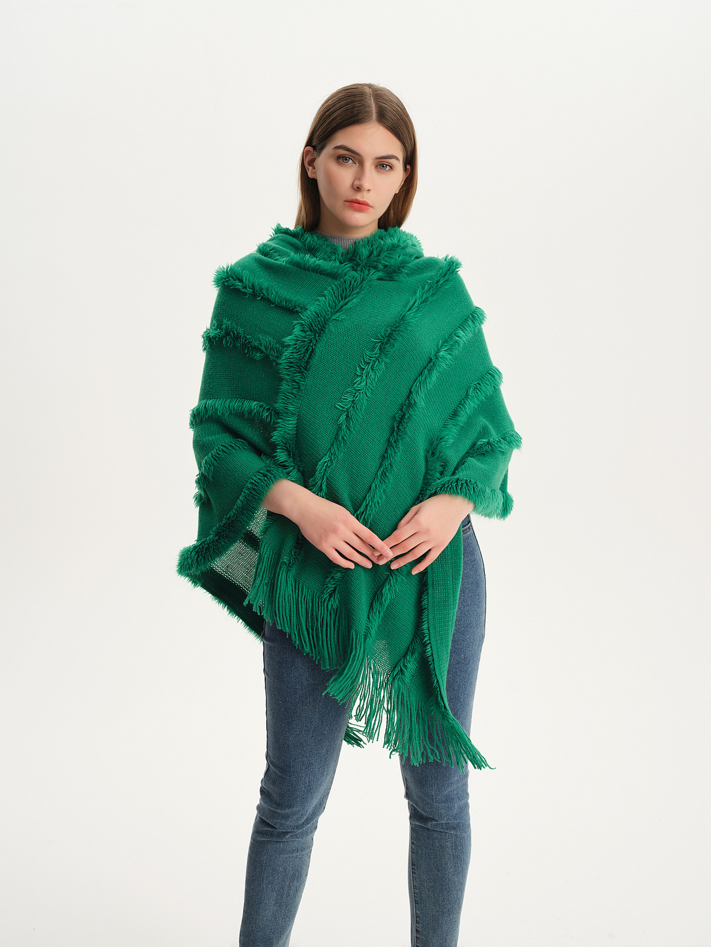 Unisex Damen einfarbiger Kapuzenpullover Strickpullover Cape Umhang_voghion.com