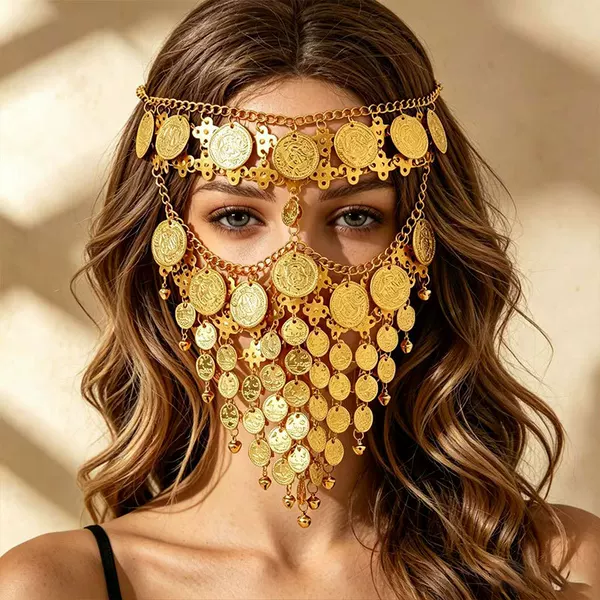 Cross-Border Exotic Style Face Chain Nightclub Bar Party Performance Coin Tassel Face Accessory European and American Mysterious Dance Party Mask