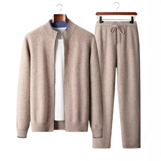 New autumn and winter men's 100% wool half-high collar color-blocked zip-up cardigan + flat thickened slim-fit pants set for men
